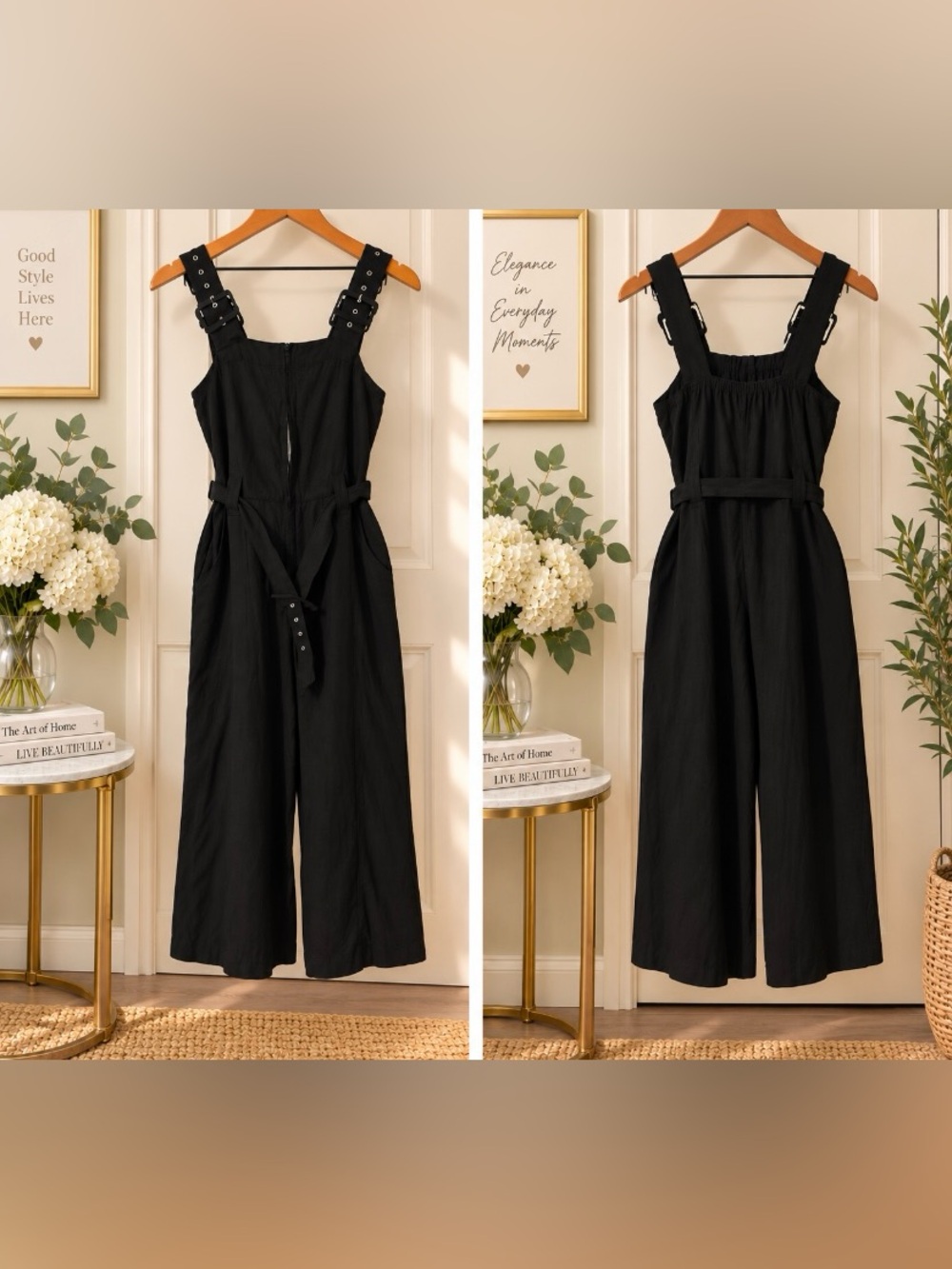 J For Justify Black Linen Blend Jumpsuit w/ Belt & Pockets Size S